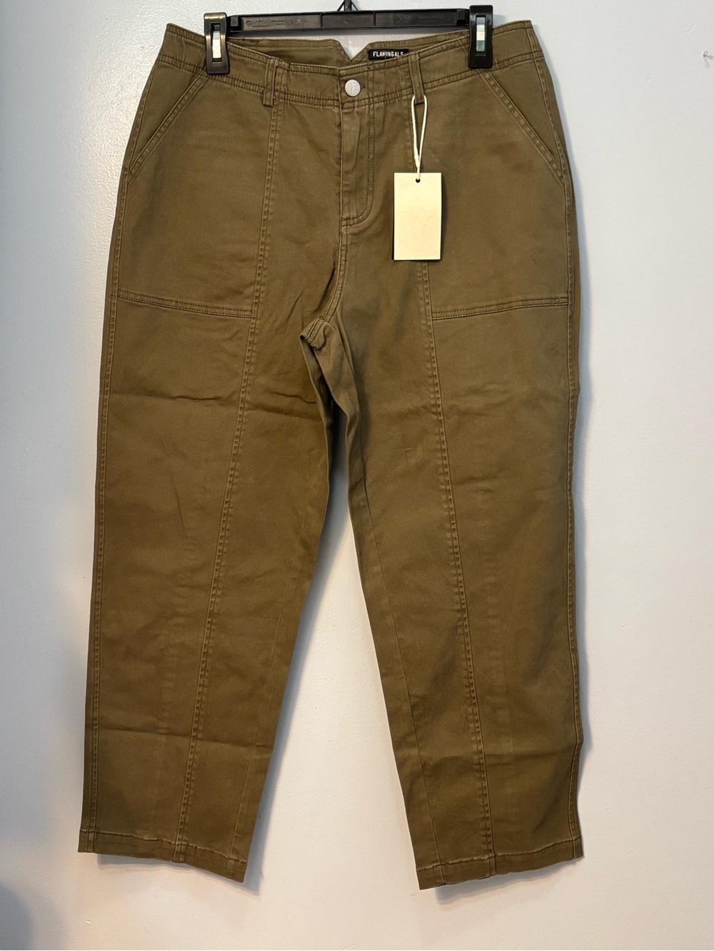 Flamingals Chocolate Brown High Waisted Barrel Leg Utility Pants Size Lg NWT